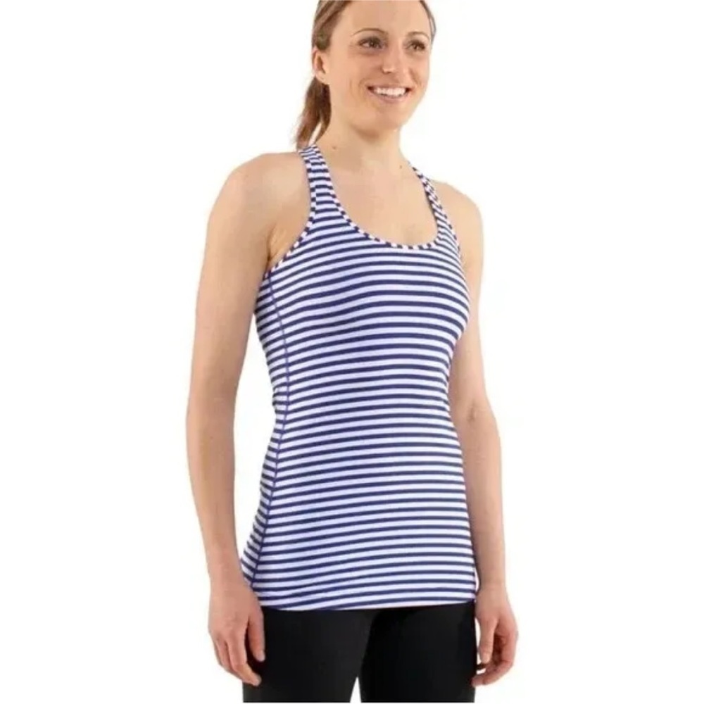 Lululemon Cool Racerback
Pigment Blue White Narrow Bold Stripe
